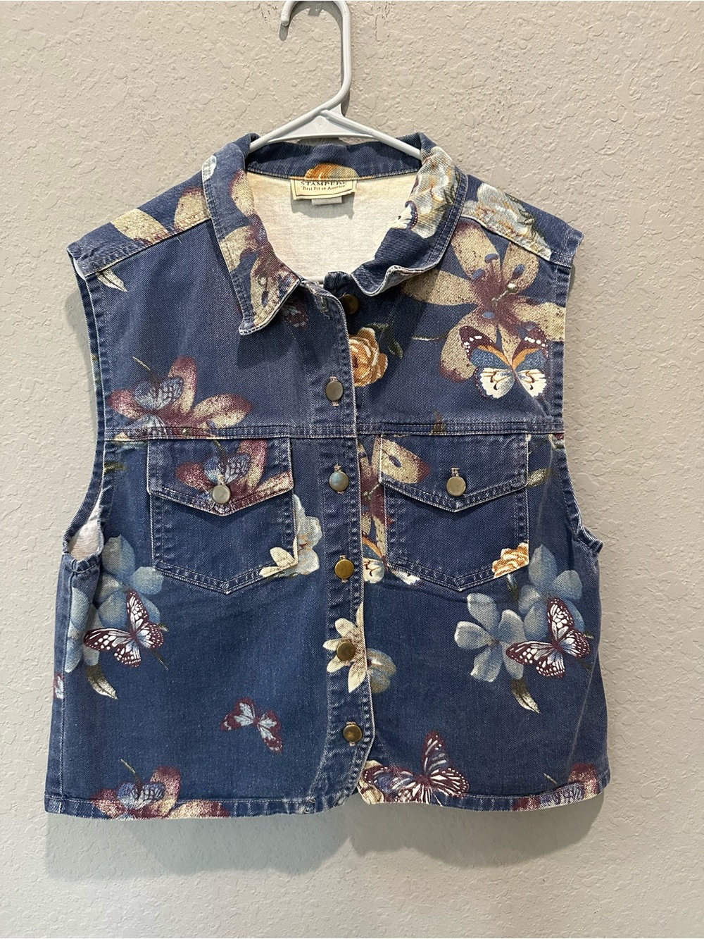 VTG Stampede Denim Floral Button Down Vest Sz M EUC